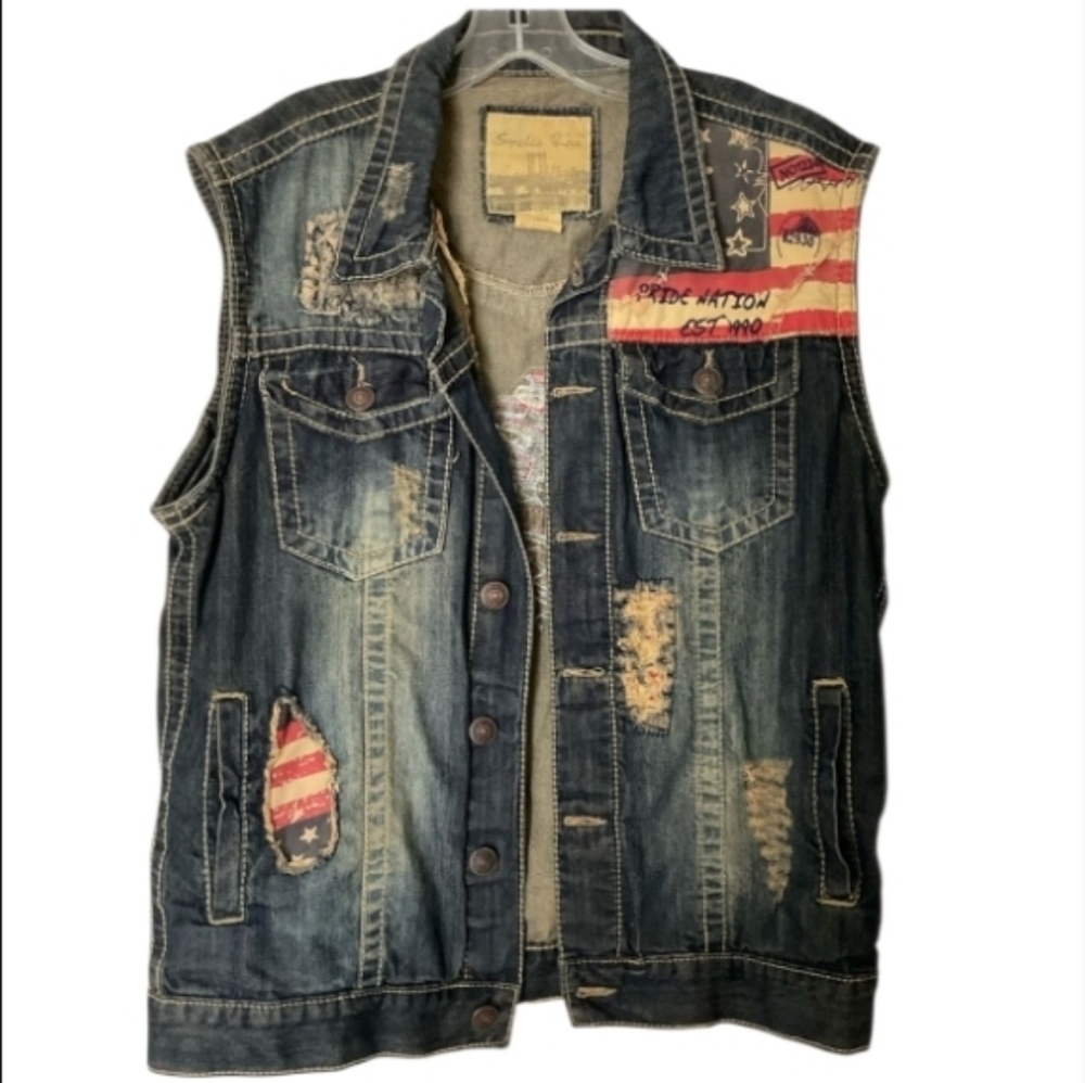 Smoke Rise Distressed Denim Vest with American Flag Patches